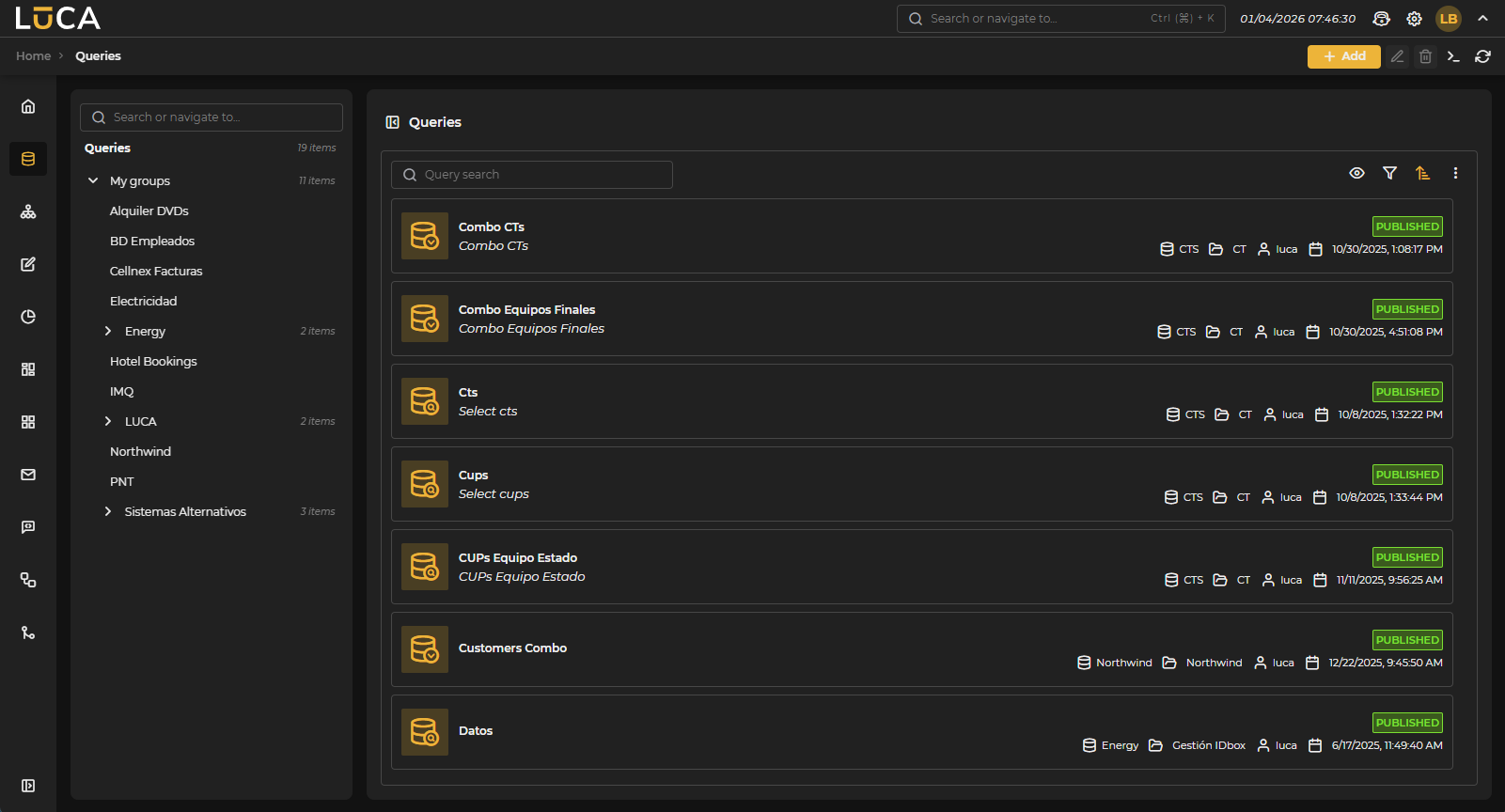 Administration screen of queries