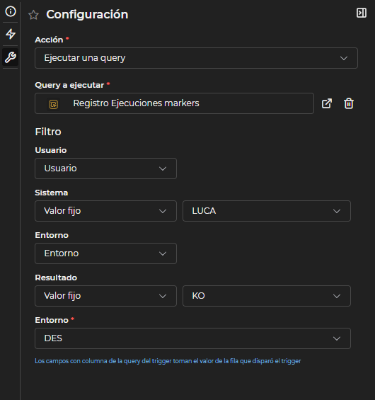Configuración de Ejecutar una query